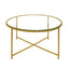 Round Metal Coffee Table With Glass Top and X Shape Base, Gold and Clear