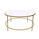 Contemporary Style Round Metal Framed Coffee Table with Glass Top, Gold and Clear