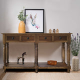 Traditional Wooden Console Table with 4 Drawers and Turned Legs, Brown