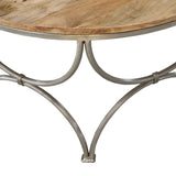 Round Wooden Top Coffee Table with Lattice Metal Base, Brown and Silver