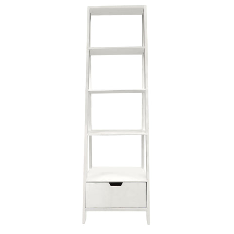 4 Shelf Wooden Ladder Bookcase with Bottom Drawer, Distressed white