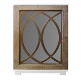 Wooden Side Table with Lattice Pattern Mirrored Door Cabinet, White and Brown