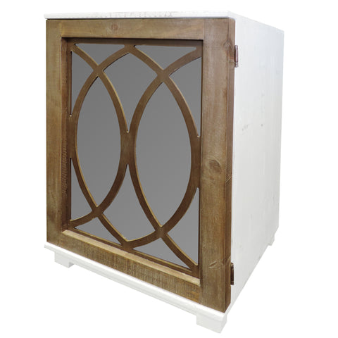 Wooden Side Table with Lattice Pattern Mirrored Door Cabinet, White and Brown