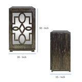 Handmade Wooden Side Table with Fretwork Mirrored Door Cabinet, Brown and Clear