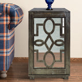 Handmade Wooden Side Table with Fretwork Mirrored Door Cabinet, Brown and Clear