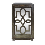 Handmade Wooden Side Table with Fretwork Mirrored Door Cabinet, Brown and Clear