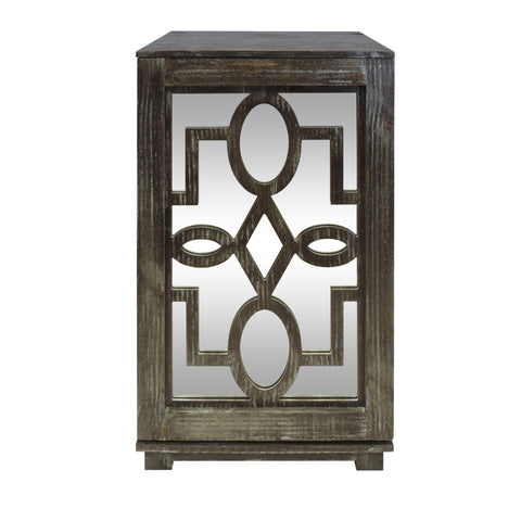 Handmade Wooden Side Table with Fretwork Mirrored Door Cabinet, Brown and Clear