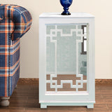 Geometric Pattern Wooden Side Table with Mirrored Door Cabinet, White and Clear