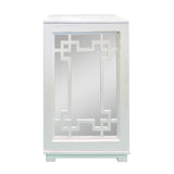 Geometric Pattern Wooden Side Table with Mirrored Door Cabinet, White and Clear