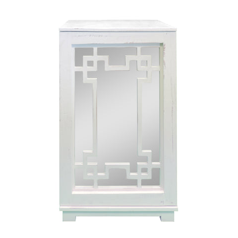 Geometric Pattern Wooden Side Table with Mirrored Door Cabinet, White and Clear