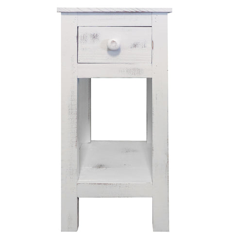 Rough Sawn Textured Wooden Side Accent Table With Drawer, Antique White