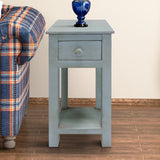 Rough Sawn Textured Wooden Side Accent Table With Drawer, Blue