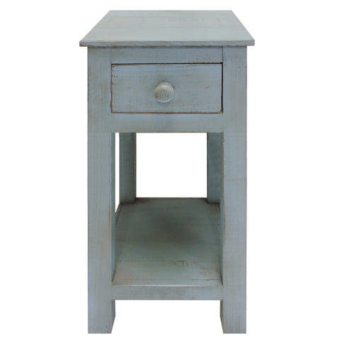 Rough Sawn Textured Wooden Side Accent Table With Drawer, Blue