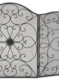 Scroll Patterned 3 Panel Metal Fireplace Screen With Double Bar, Black