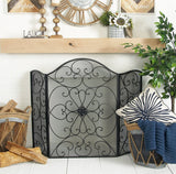 Scroll Patterned 3 Panel Metal Fireplace Screen With Double Bar, Black