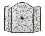 Scroll Patterned 3 Panel Metal Fireplace Screen With Double Bar, Black