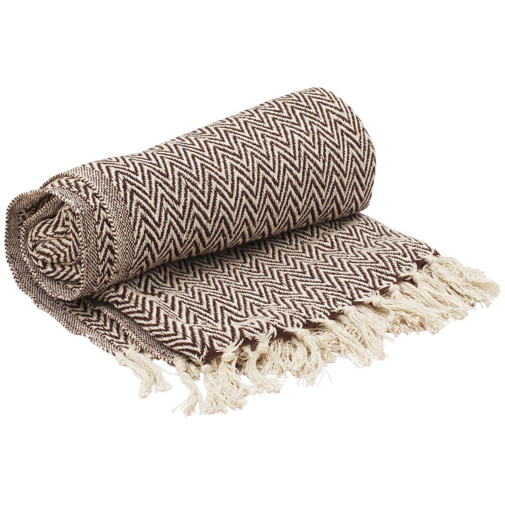 Benzara Soft Knitted Cotton Throw Blanket With Tassels, Brown And White