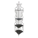 Scrollwork Design Metal Corner Bookcase with Four Wooden Shelves, Black and Copper