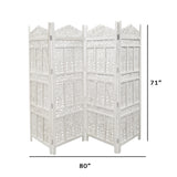 Aesthetically Carved 4 Panel Wooden Partition Screen/Room Divider, Distressed White