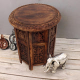 Wooden Hand Carved Folding Accent Coffee Table, Brown