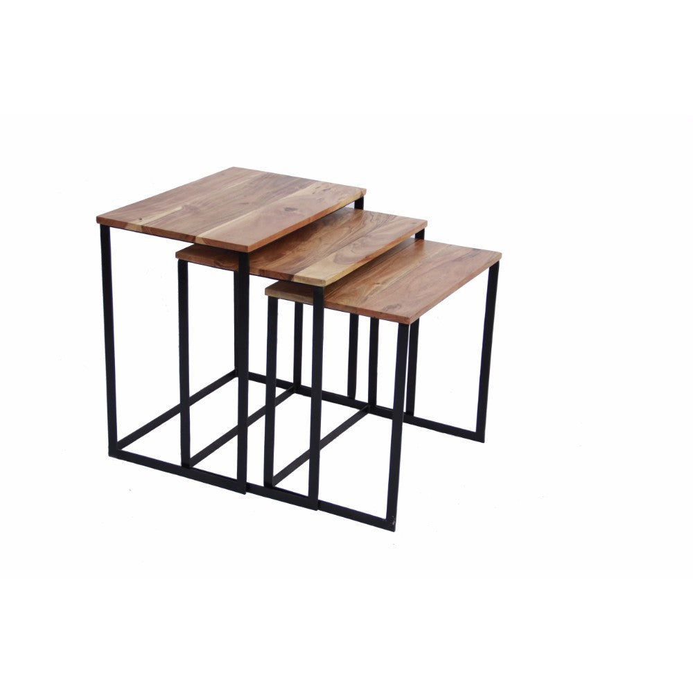 Industrial style Wooden Nesting Coffee End Tables With Metal Base Set Of 3