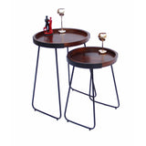 The Urban Port Wooden Round Tray Top End Tables, Brown And Black, Set Of 2