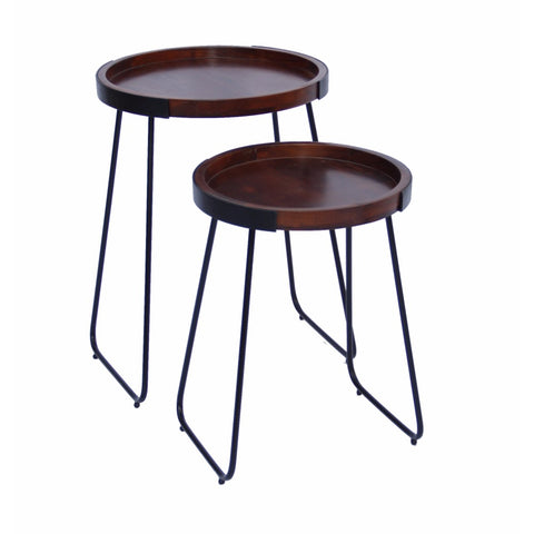 The Urban Port Wooden Round Tray Top End Tables, Brown And Black, Set Of 2