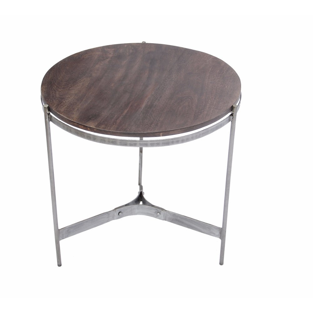 The Urban Port Wooden Round Top Table With 3-Leg Metal Stand, Natural Wood Brown