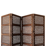 Decorative Four Panel Mango Wood Hinged Room Divider with Circular Cutout Design, Brown