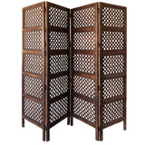 Decorative Four Panel Mango Wood Hinged Room Divider with Circular Cutout Design, Brown