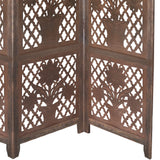 4 Panel Wooden Screen with Cutout Trellis Pattern and Flower Pot Carvings, Brown