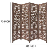 4 Panel Wooden Screen with Cutout Trellis Pattern and Flower Pot Carvings, Brown