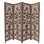 4 Panel Wooden Screen with Cutout Trellis Pattern and Flower Pot Carvings, Brown