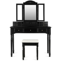 Vanity Tri-Folding Necklace Hooked Mirror Dressing Table Set with 7 Drawers