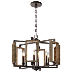 6-Light Dimmable Aged Bronze Farmhouse Pendant with Wood Accents Chandelier