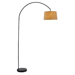 Modern Arching Floor Lamp in Matte Black with Taupe Burlap Fabric Drum Shade