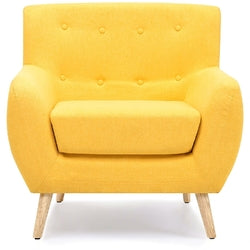 Modern Yellow Linen Upholstered Armchair with Mid-Century Style Wooden Legs