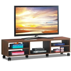 Modern 60-inch Entertainment Center TV Stand in Brown Wood Finish with 6-Wheels