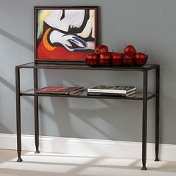 Black Metal Console Sofa Table with Glass Top and Shelves