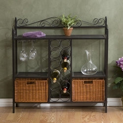 Kitchen Dining Baker's Rack with Wine Storage and Rattan Baskets