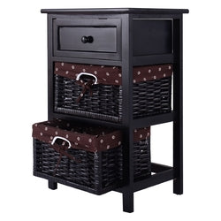 Black Wood 1-Drawer End Table Nightstand with 2 Storage Baskets