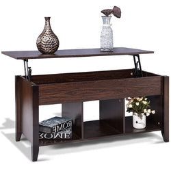 Brown Wood Lift-Top Coffee Table with Bottom Storage Shelves