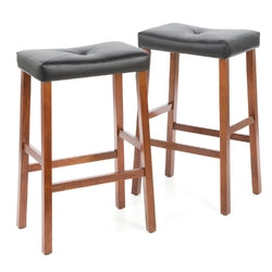 Set of 2 - Upholstered Faux Leather Saddle Seat Barstool in Cherry