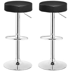 Set of 2 Black Adjustable Round Faux Leather Swivel Bar Stools