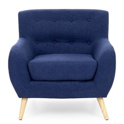 Dark Blue Linen Upholstered Armchair with Modern Mid-Century Style Wood Legs