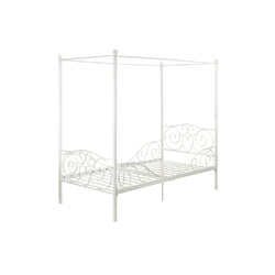 Twin size White Metal Canopy Bed with Heart Scroll Design