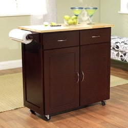 43-inch W Portable Kitchen Island Cart with Natural Wood Top in Espres–  Qolture