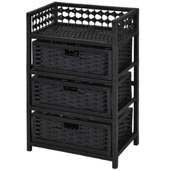 Black Wicker Storage Chest 3 Drawers Top Shelf