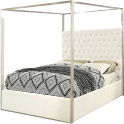 King size White Velvet Upholstered Tufted Canopy Bed Frame with