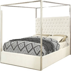 King size White Velvet Upholstered Tufted Canopy Bed Frame with Chrome Canopy
